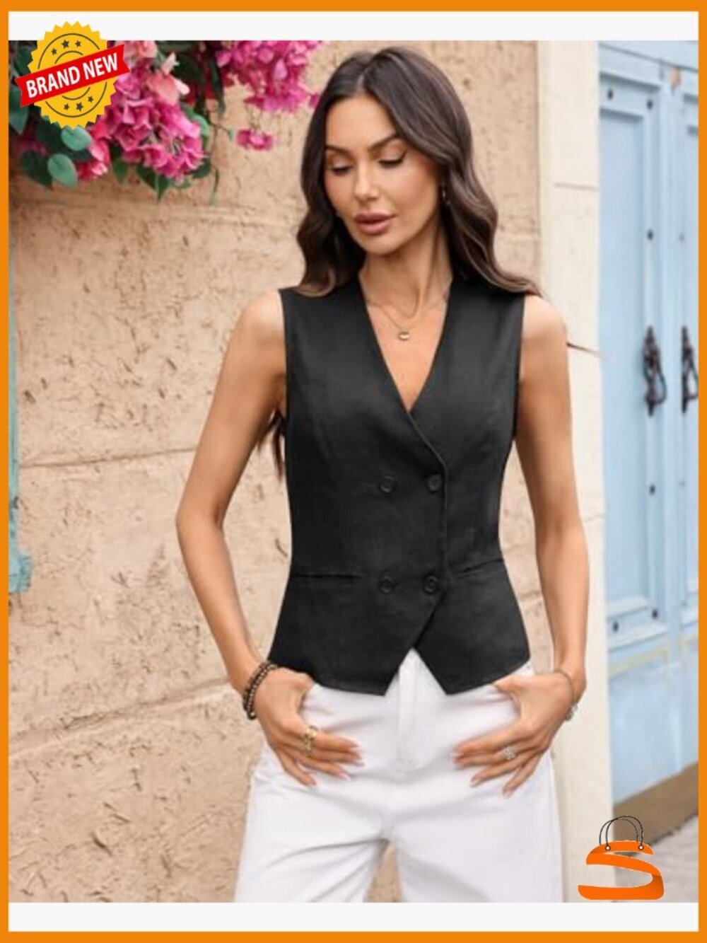 Linen V-Neck Double Breasted Back Tie Vest Sleeveless Waistcoat - Picture 2 of 7
